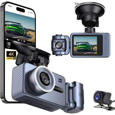 Cámara de salpicadero de triple lente de 2 pulgadas 4K+720P+720P - Cámara frontal 4K Ultra HD, interior y trasera 720P con WiFi, visión nocturna, grabación en bucle y asistente de aparcamiento - DVR (1/4)