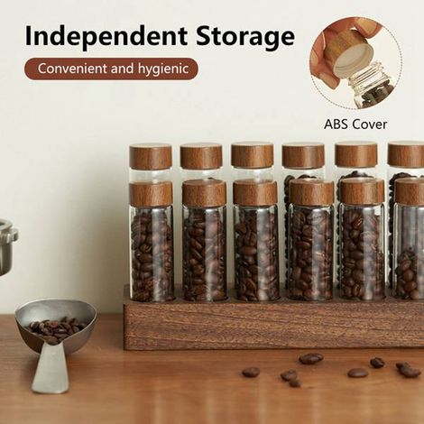 1 jeu de couleurs : voir photo. Matériaux : tubes à essai en bois pour emballage de grains de café, étagère de rangement et de présentation en bois de noyer.