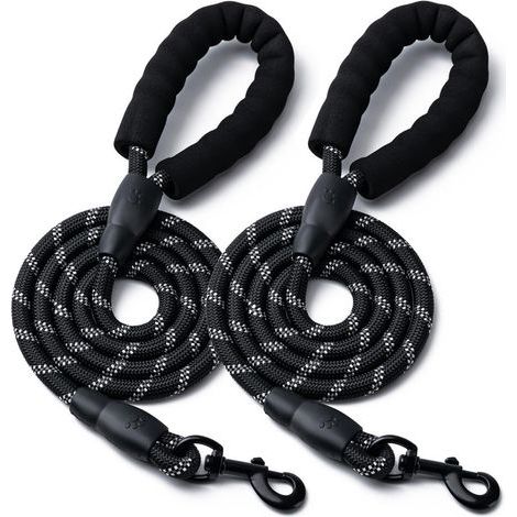 Lot de 2 laisses pour animaux de compagnie en nylon robuste de 1,5 m avec poignée rembourrée confortable, réfléchissantes pour petits, moyens et grands chiens (12 mm de diamètre, noir) (1/4)