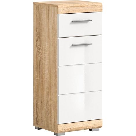 Lambada Badschrank 1 Tür, 1 Schublade Hochglanz weiß,Eiche dekor.