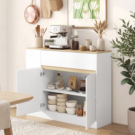 Buffet, grand compartiment de rangement, 3 étagères, tiroir, 106 x 30 x 81,2 cm, blanc/bois (1/5)