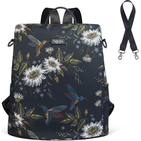 Sac à dos Fmeida pour femme, sac à dos de voyage antivolume convertible en nylon avec fermeture éclair dissimulée au dos, motif colibri (1/5)