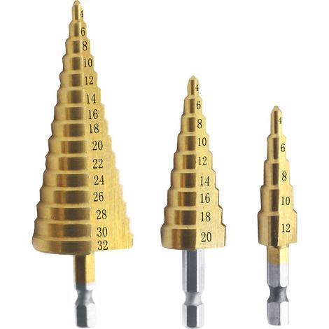 Juego de 3 brocas escalonadas HSS (4-32 mm, 4-20 mm, 4-12 mm) con recubrimiento de titanio para madera y metal. Unidades métricas. (1/5)