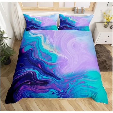 Marbre Impression Art Abstrait décoration Moderne Brillant Housse de Couette 90x190cm Violet Cyan Ensemble de literie - 5XT (1/3)