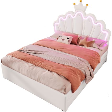 Lit capitonné 140x200, sans matelas, lumière ambiance télécommande, lit avec 2 tiroirs, lit princesse forme couronne, tête réglable, PU, blanc (1/5)