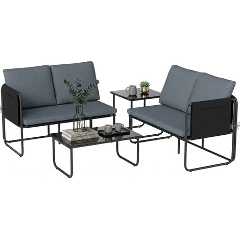 Canapé 2 places jardin extérieur 4 pièces avec 2 canapés, 2 tables verre, coussins housses lavables, gris