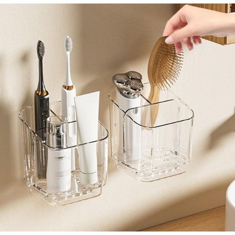 Soporte de pared para cepillos de dientes, no requiere perforación, estante de almacenamiento extraíble de 3 compartimentos para cepillos de dientes y pasta de dientes, organizador de baño (2 unidades (1/4)