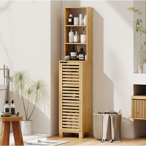 Columna de baño 34x30x170 cm bambú natural, almacenamiento abierto/cerrado – MEUBLIV (1/5)