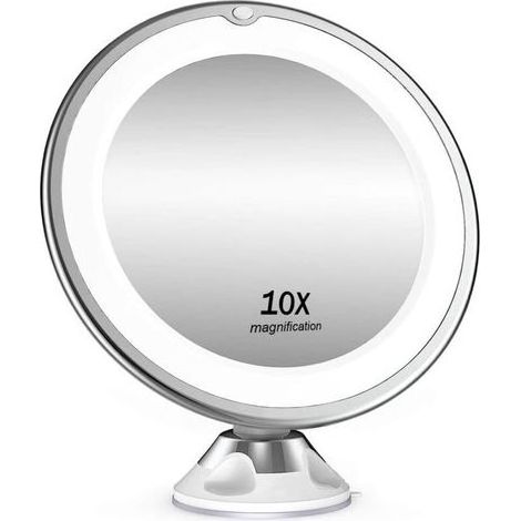 Lntyq Miroir cosmétique grossissant x 10, éclairage LED, pivotant à 360°, miroir de rasage avec ventouse, pour la maison et les voyages, blanc (1/5)