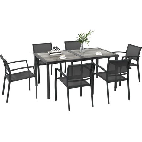 Ensemble de repas extérieur décontracté 7 pièces. Table à aspect bois de couleur grise, idéal pour votre terrasse et votre jardin