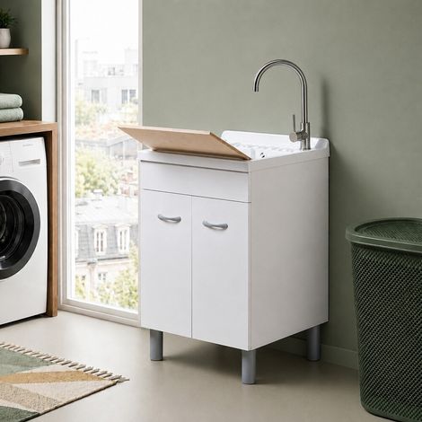 Mobile lavatoio 59x60 cm bianco opaco con ante e vasca incluso di asse di lavaggio e kit di scarico Medea (1/5)