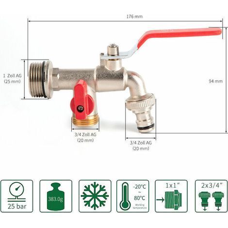 Robinet Double de Jardin en Laiton, Raccord BSP 3/4 Pouces, Étanche et Robuste pour Arrosage Extérieur et Raccordement Multifonction (1/5)