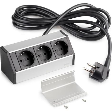 Emuca Multiconector de superficie V Dock, 3 enchufes tipo Schuko, Plástico y Aluminio, Anodizado mate - (1/5)