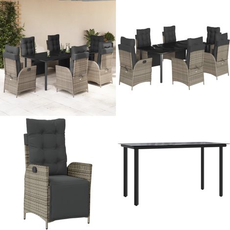 Set da Pranzo da Giardino 7 pz con Cuscini in Polyrattan Grigio - Sedie da giardino reclinabili - Tavolo da giardino