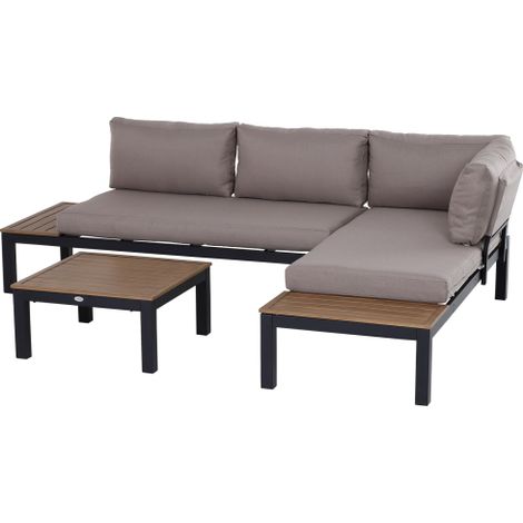 Salon de Jardin Aluminium 3 Pièces Canapé Angle avec Coussins Table Basse 164x74x69 cm Mobilier Extérieur Idéal Terrasse Balcon Durable Résistant aux Intempéries Design Moderne Gris