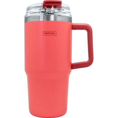 Tasse thermique 600 ml avec couvercle hermétique – Comprend une paille et un bouchon pour boire, isolation durable, Corail (1/4)
