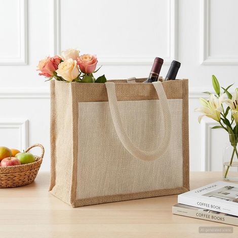 vidaXL Borse in juta con tasca 5 Naturale e Bianco 26 x 22 x 14 cm (1/5)