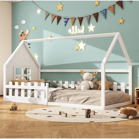 Lit enfant 90/200 cm blanc en pin et MDF forme maison (1/5)