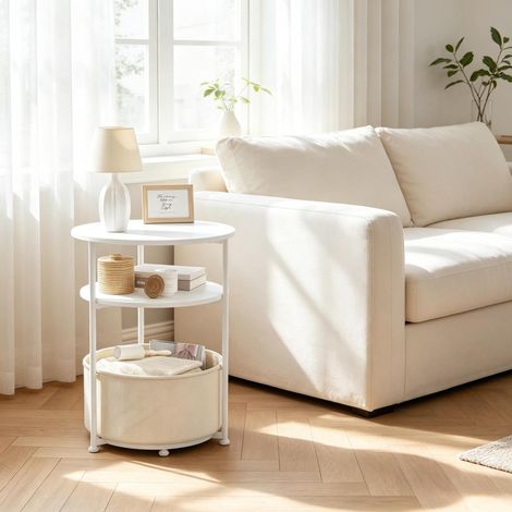 Mesa auxiliar redonda con almacenamiento (43x43x56 cm), montaje rápido, estable, metal y tejido blanco (1/5)