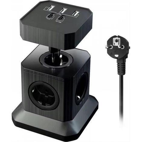Multiprise (16A/4000W) 4 Prises françaises avec 3 Ports USB et 2 Port Type-C, Bloc Multiprise Parafoudre et Surtension avec Interrupteur, Câble 2Mpour Maison Bureau,Voyage (Noir) (1/3)