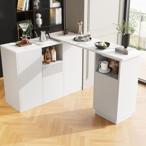 Isla de cocina giratoria 360° 210 x 30 x 100,9 cm blanca de MDF con almacenaje abierto (1/5)