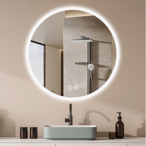 MODFU – Miroir de salle de bain LED rond 70 cm verre et métal – Antibuée, 3 températures et luminosité réglable – Verre 5 mm anti-éclats – Salle de bain – Argenté (1/5)