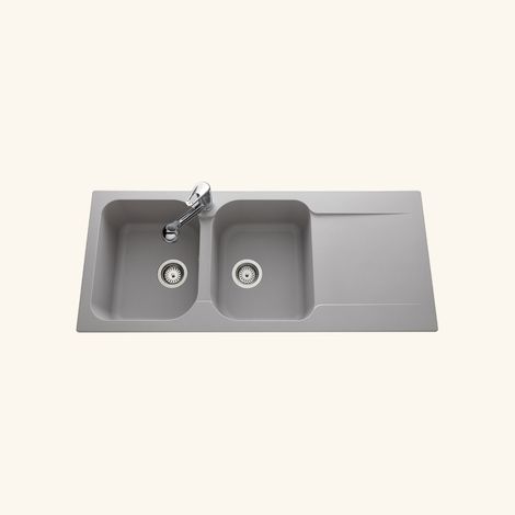Évier résine gris clair 116x50 cm – Évier encastrable 2 bacs réversible – Vidage manuel – Équipements inclus : bonde, siphon, trop plein – EWI (1/6)