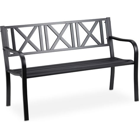 Relaxdays garden bench, 2 seater, outdoor seating, made of durable steel, 80.5x127x63 cm (LxWxH), in black