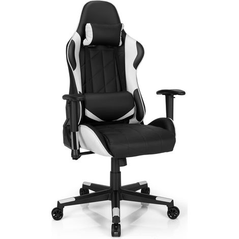COSTWAY Sedia da Gaming Girevole a 360°, Sedia Ergonomica per Computer per Gaming con Poggiatesta e Cuscino Lombare, Angolo Reclinabile Regolabile (Bianco) (1/5)