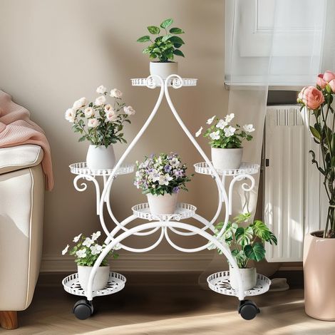 Bianco Portavasi da interno con Ruote Portapiante in Metallo per 6 Vasi da Esterno Balcone Giardino 58x30,5x84,5cm (1/5)