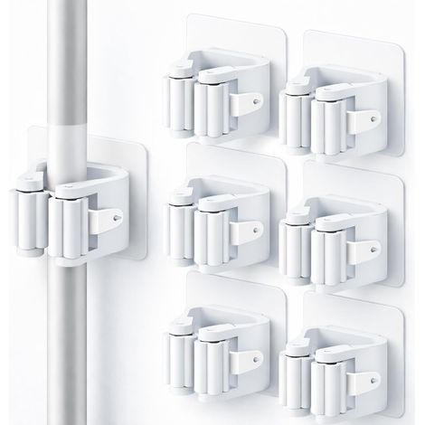 Paquete de 6 soportes de pared para escobas sin necesidad de taladrar, color blanco. Soporte para escobas y fregonas para cocina, baño, lavadero y garaje. Medidas: 6 x 6 x 4,5 cm. (1/5)