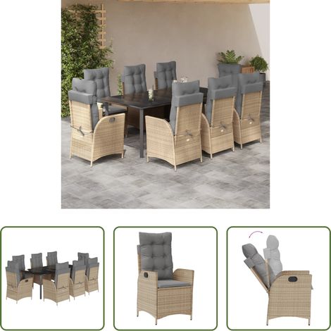vidaXL Gartenessgruppe - 9-tlg. Garten-Essgruppe mit Kissen Beige Poly Rattan (1/5)