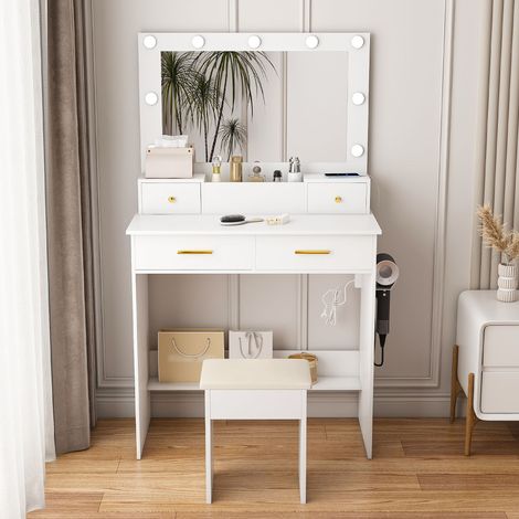 Coiffeuse LED 3 niveaux prise courant support sèche-cheveux 4 tiroirs panier rangement tabouret rembourré blanc L80xH137xP40 cm