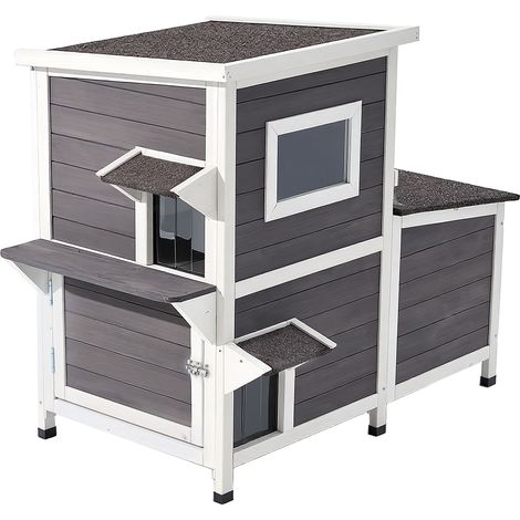 Mophorn Zweistöckiges Katzenhaus aus Holz für den Außenbereich, erhöhtes Design mit Treppe, durchsichtigem Fenster und Klapptüren, wetterfester Unterschlupf für Katzen im Garten, 1070 x 633 x 863 mm