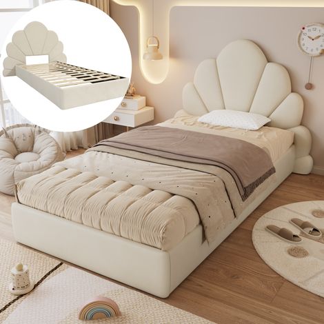 Letto singolo capitonnè 90x200 cm, testata a forma di petali di fiore, stile scandinavo, telaio moderno in velluto - Beige (1/5)