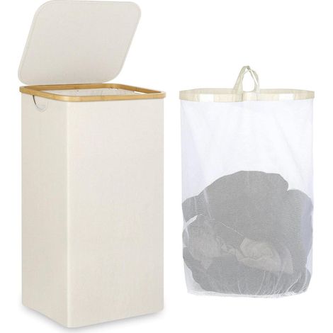 Wäschekorb mit Deckel 110L, herausnehmbarer Innentasche, faltbar, Beige (1/5)