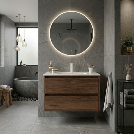 Mobile Bagno Sospeso 80 cm con 2 Cassetti e Lavabo Incasso Noce Maya – Linea