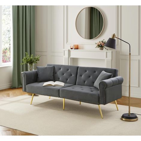 Canapé-lit moderne 2 places – revêtement en velours, dossier inclinable 3 positions et pieds en métal doré. Canapé élégant convertible – gain de place, résistant, idéal pour les petits espaces. (1/5)