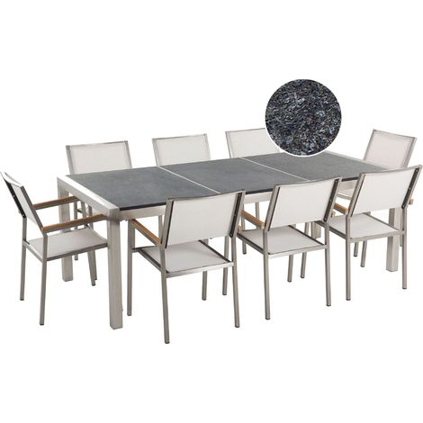 Set da Giardino Tavolo Piano Granito Fiammato 8 Sedie Bianche 220 x 100 cm Grosseto