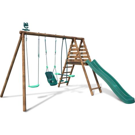 Portique en bois rond 3 agrès balançoire bébé, face à face et toboggan TULIPE