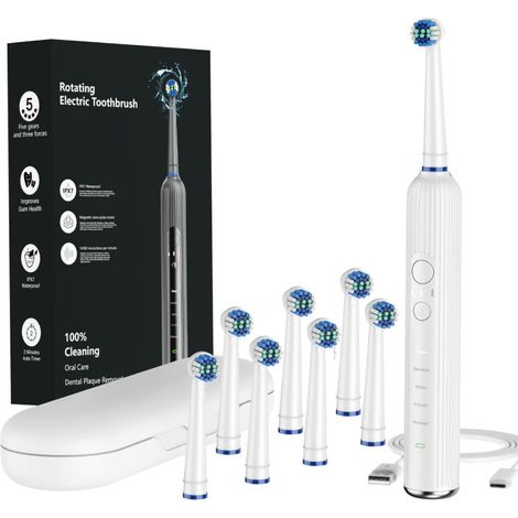 Brosse à dents électrique rotative, 5 modes, étui de voyage, 8 têtes de brosse, étanche IPX7, recharge USB (1/2)