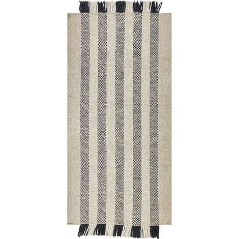 Tappeto in lana bianco sporco nero 80 x 150 cm con nappe fatto a mano Tacettin