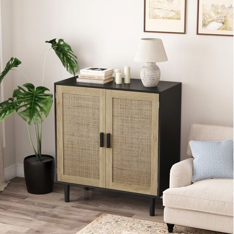Aufbewahrungsschrank 80x40x88 cm Schwarz aus MDF und Massivholz mit Rattan-Optik, Magnettüren und Kipp-Schutz (1/5)