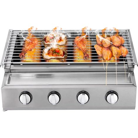 BBQ Propane Gas Grill, 4-Burner Stainless Steel Patio Garden Grill Adjustable Height, Outdoor BBQ Table Stove Grill Independent Ignition, Outdoor Cooking for Families, Barbecue Shops, Restaurants