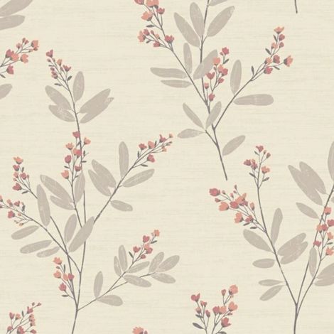Neutral Floral Wallpaper Cream Orange Botanical Leaf Sprig Smooth Paper (1/4)