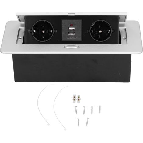 Station de charge encastrable multifonctionnelle de bureau avec 2 prises secteur, 2 ports USB et 2 prises européennes (250 V CA, 16 A). (1/5)