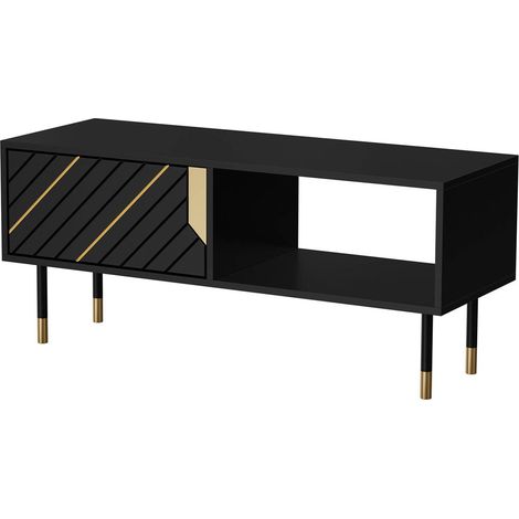 Table basse, avec deux compartiments de rangement et portes abattantes, surélevée du sol, 110x60 h46 cm, noir et or (1/4)