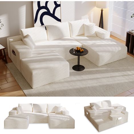 Canapé d’angle 4 places avec fonction lit, canapé modulable en L pour salon, convertible moderne avec 5 coussins, 274L x 175P x 64H cm, beige