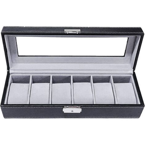 Uhrenbox, Schmuckkästchen 30 x 11 x 8 cm, Präsentationsbox, Uhrenetui, 6 Kissen, Ein-Wort-Schloss, graues Samt-Interieur, 6-teilige Uhrenbox
