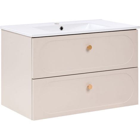 Mobile bagno sospeso con lavabo 2 cassetti maniglie dorate beige Tarumir (1/5)